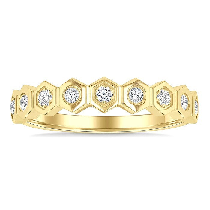 1/5 Ctw Hexagon Shape Link Round Cut Diamond Fashion Ring in 14K Yellow Gold