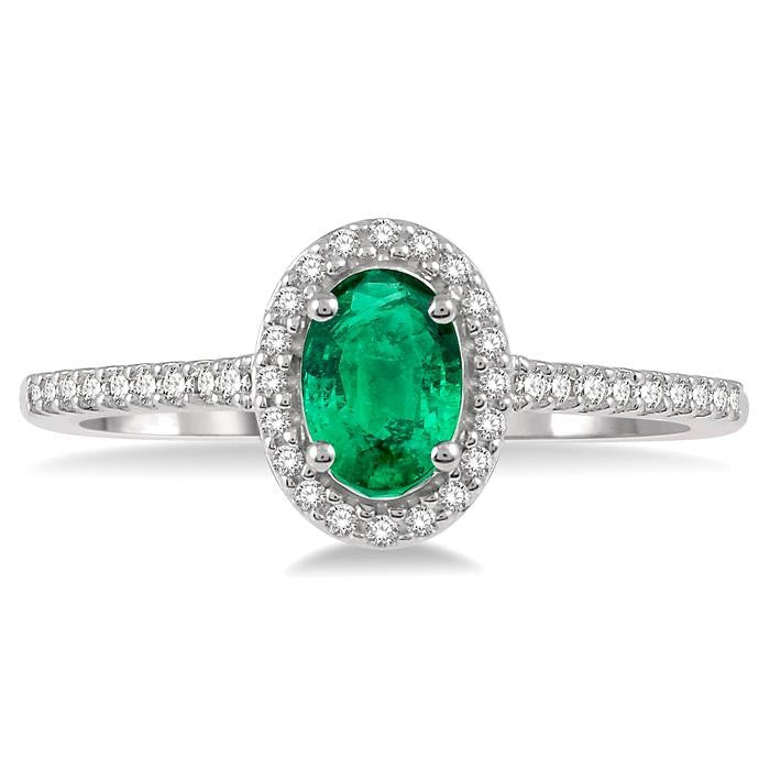 6x4 MM Oval Shape Emerald and 1/5 Ctw Round Cut Diamond Precious Ring in 10K White Gold