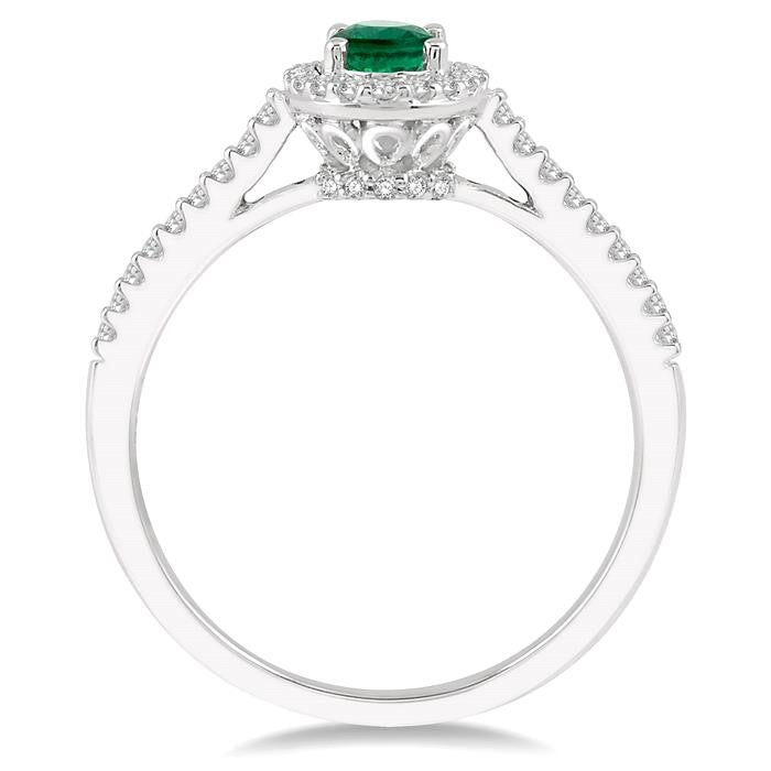 6x4 MM Oval Shape Emerald and 1/5 Ctw Round Cut Diamond Precious Ring in 10K White Gold