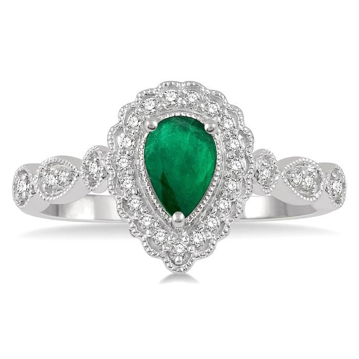 6x4 MM Pear Shape Emerald and 1/6 Ctw Round Cut Diamond Precious Ring in 10K White Gold