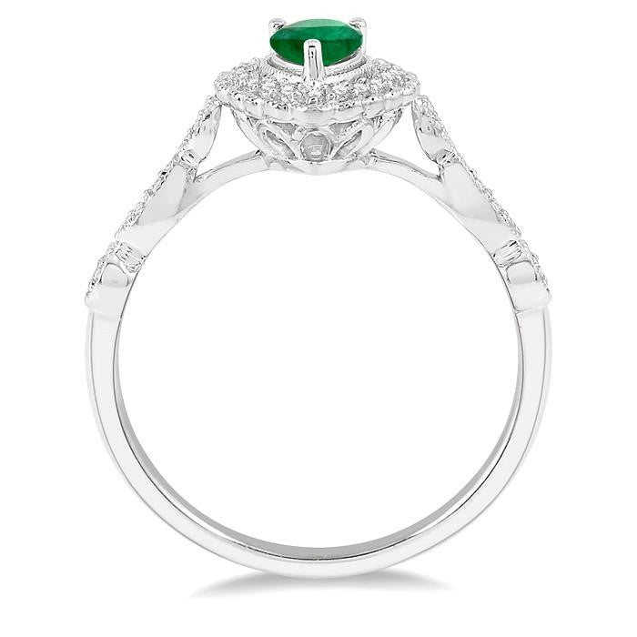 6x4 MM Pear Shape Emerald and 1/6 Ctw Round Cut Diamond Precious Ring in 10K White Gold