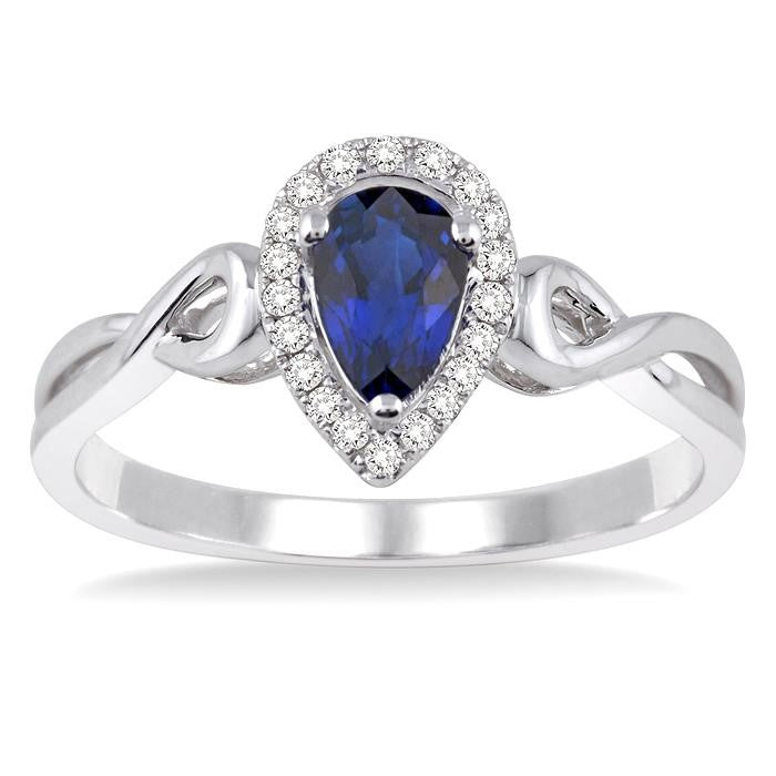 6x4 MM Pear Shape Sapphire and 1/10 Ctw Round Cut Diamond Ring in 14K White Gold