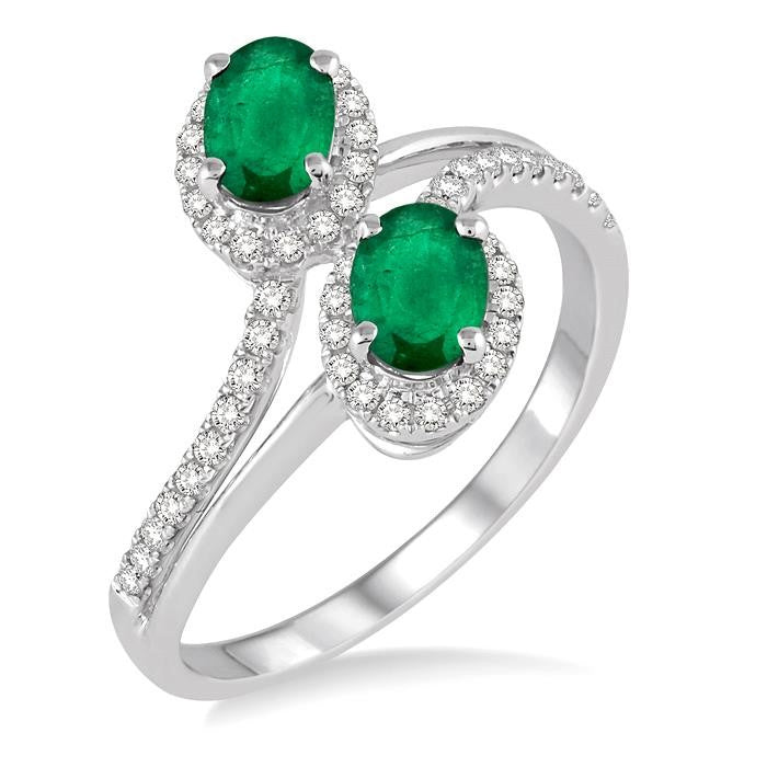 6x4 MM Oval Cut Emerald and 1/4 Ctw Round Cut Diamond Ring in 14K White Gold