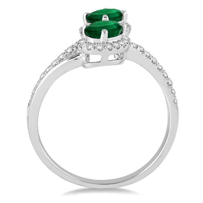 6x4 MM Oval Cut Emerald and 1/4 Ctw Round Cut Diamond Ring in 14K White Gold