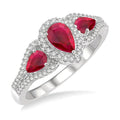 6x4 MM & 5x3 MM Triple Pear Shape Ruby and 1/5 Ctw Round Cut Diamond Precious Ring in 10K White Gold