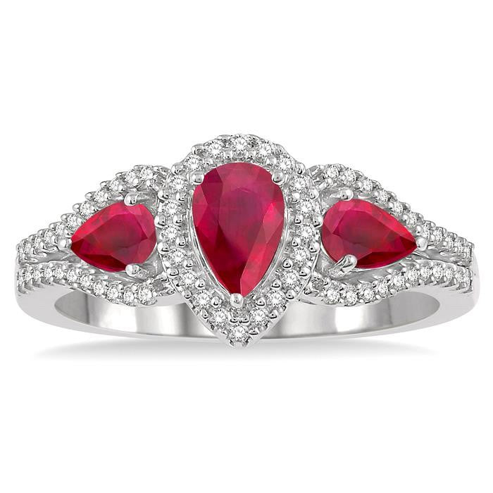 6x4 MM & 5x3 MM Triple Pear Shape Ruby and 1/5 Ctw Round Cut Diamond Precious Ring in 10K White Gold