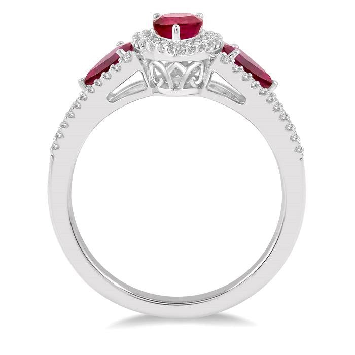 6x4 MM & 5x3 MM Triple Pear Shape Ruby and 1/5 Ctw Round Cut Diamond Precious Ring in 10K White Gold