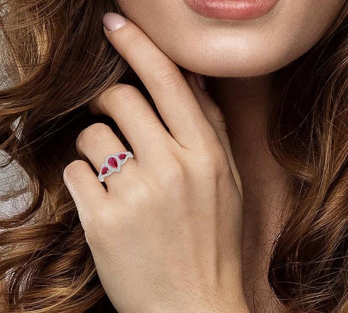 6x4 MM & 5x3 MM Triple Pear Shape Ruby and 1/5 Ctw Round Cut Diamond Precious Ring in 10K White Gold