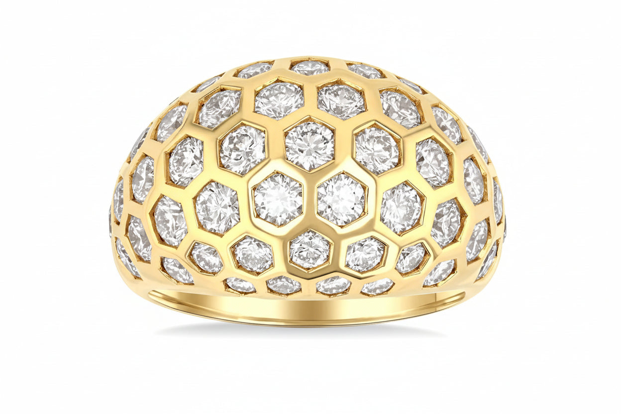 Bold Hexagon Shape Honeycomb Diamond Fashion Dome Ring
