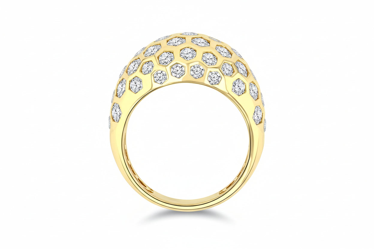 Bold Hexagon Shape Honeycomb Diamond Fashion Dome Ring