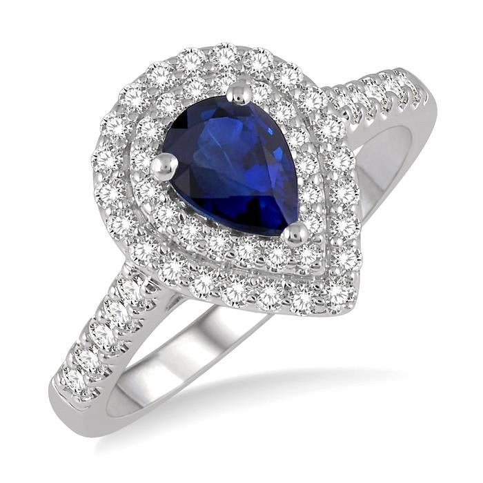 7x5 MM Pear Shape Sapphire and 1/2 Ctw Round Cut Diamond Precious Ring in 14K White Gold