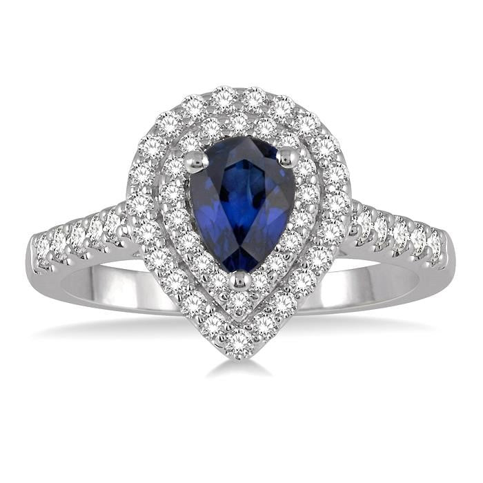 7x5 MM Pear Shape Sapphire and 1/2 Ctw Round Cut Diamond Precious Ring in 14K White Gold