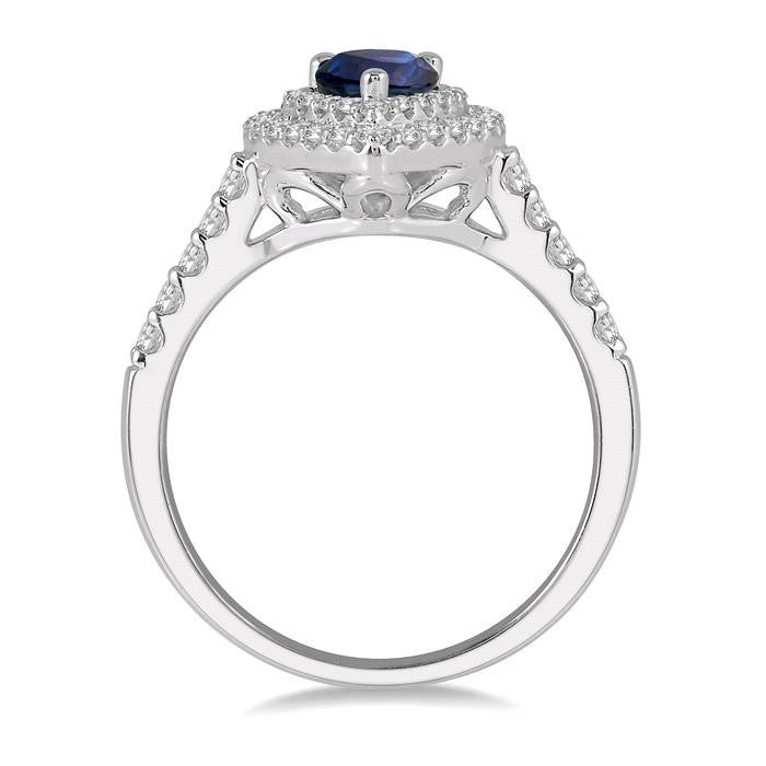 7x5 MM Pear Shape Sapphire and 1/2 Ctw Round Cut Diamond Precious Ring in 14K White Gold