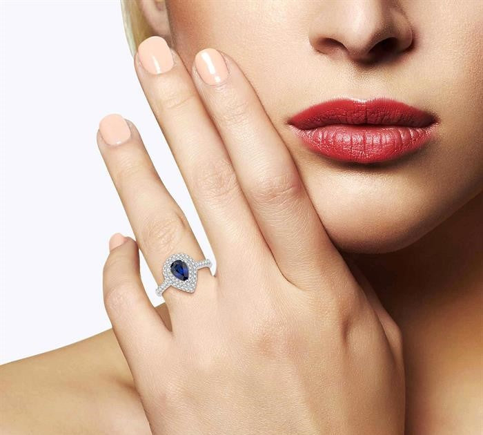 7x5 MM Pear Shape Sapphire and 1/2 Ctw Round Cut Diamond Precious Ring in 14K White Gold
