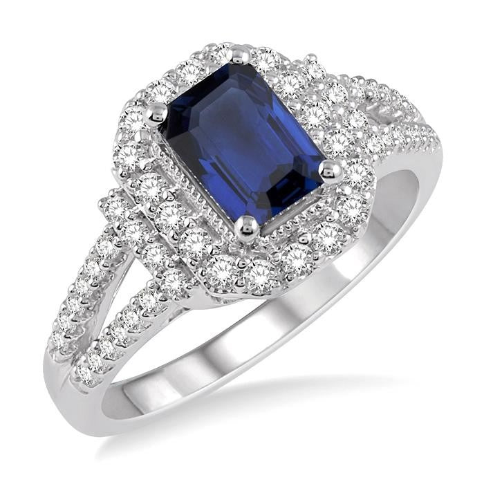 7x5 MM Emerald Shape Sapphire and 1/2 Ctw Round Cut Diamond Precious Ring in 14K White Gold