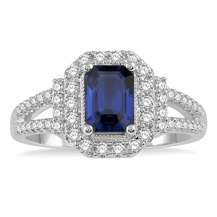 7x5 MM Emerald Shape Sapphire and 1/2 Ctw Round Cut Diamond Precious Ring in 14K White Gold