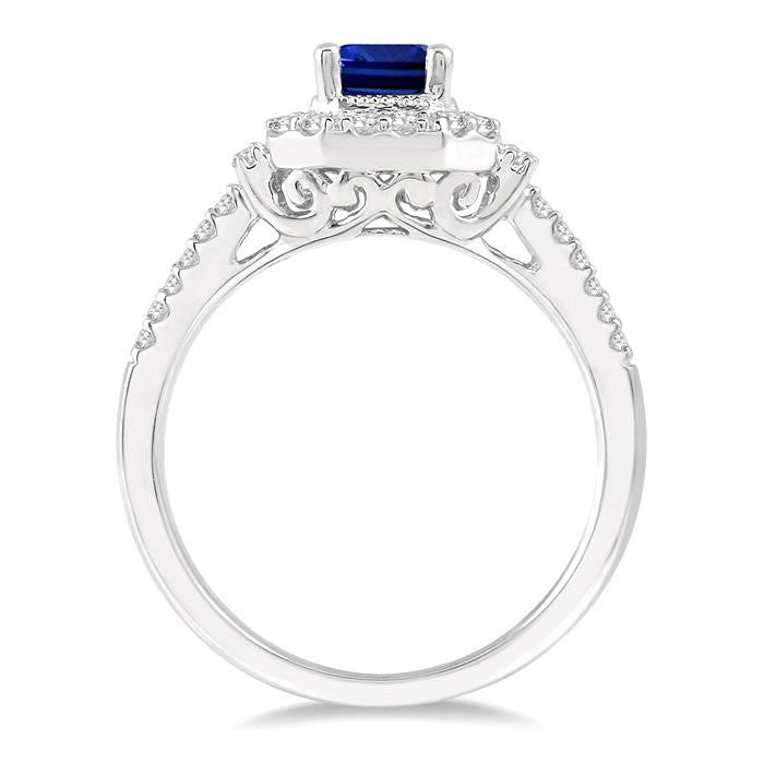 7x5 MM Emerald Shape Sapphire and 1/2 Ctw Round Cut Diamond Precious Ring in 14K White Gold