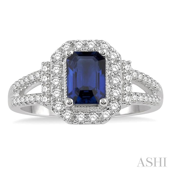 7x5 MM Emerald Shape Sapphire and 1/2 Ctw Round Cut Diamond Precious Ring in 14K White Gold