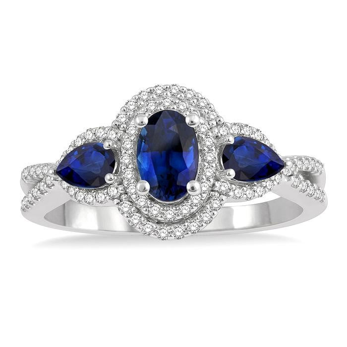6x4MM Oval Cut and 5x3 MM Pear Cut Sapphire and 1/4 Ctw Round Cut Diamond 3-Stone Precious Ring in 10K White Gold