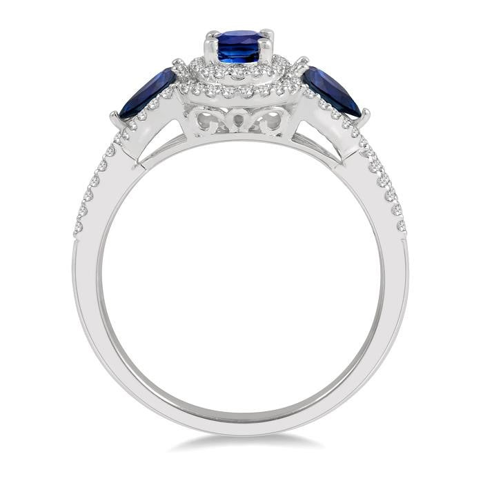6x4MM Oval Cut and 5x3 MM Pear Cut Sapphire and 1/4 Ctw Round Cut Diamond 3-Stone Precious Ring in 10K White Gold