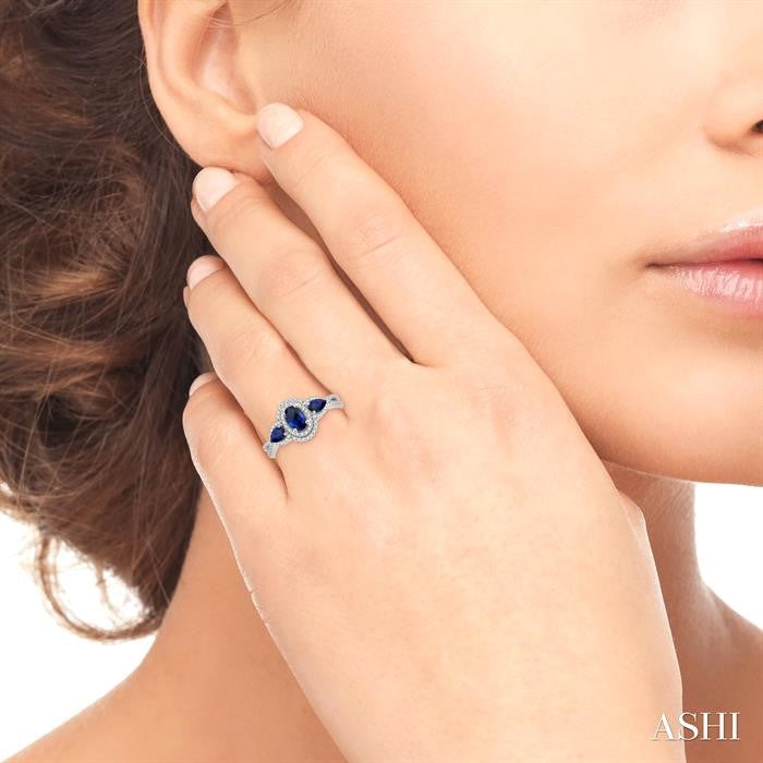 6x4MM Oval Cut and 5x3 MM Pear Cut Sapphire and 1/4 Ctw Round Cut Diamond 3-Stone Precious Ring in 10K White Gold