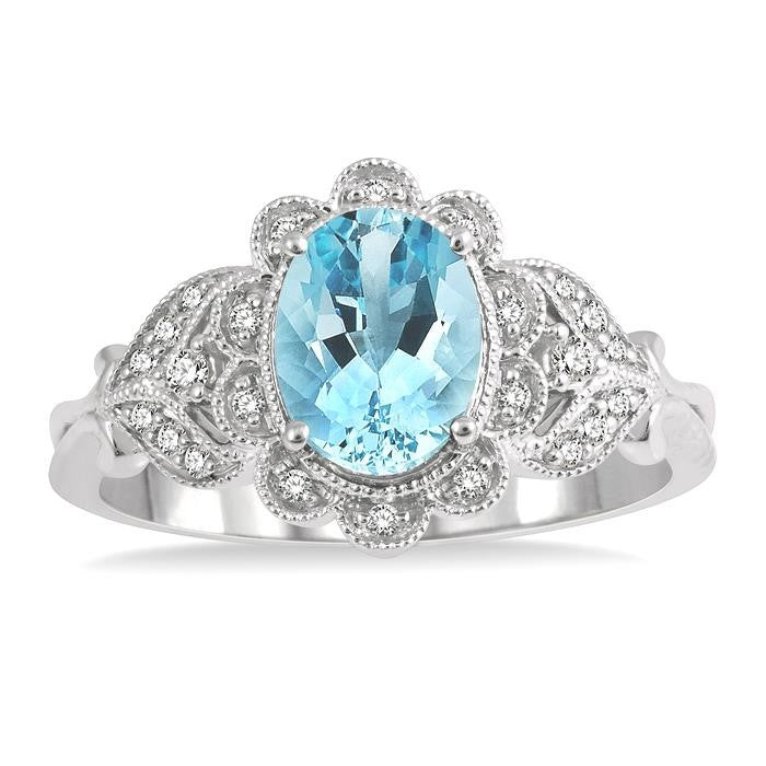 1/6 Ctw Floral Lattice Round Cut Diamond and 8x6MM Oval Cut Aquamarine Precious Ring in 10K White Gold