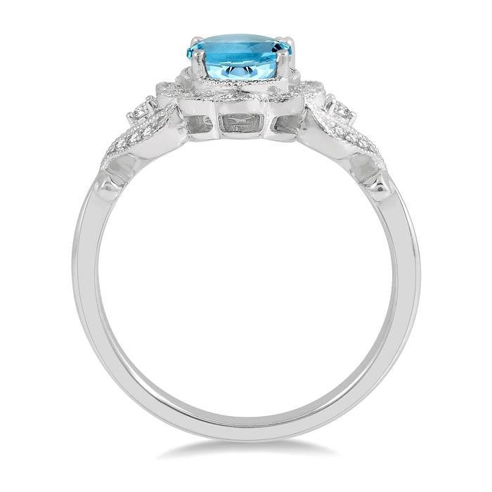 1/6 Ctw Floral Lattice Round Cut Diamond and 8x6MM Oval Cut Aquamarine Precious Ring in 10K White Gold