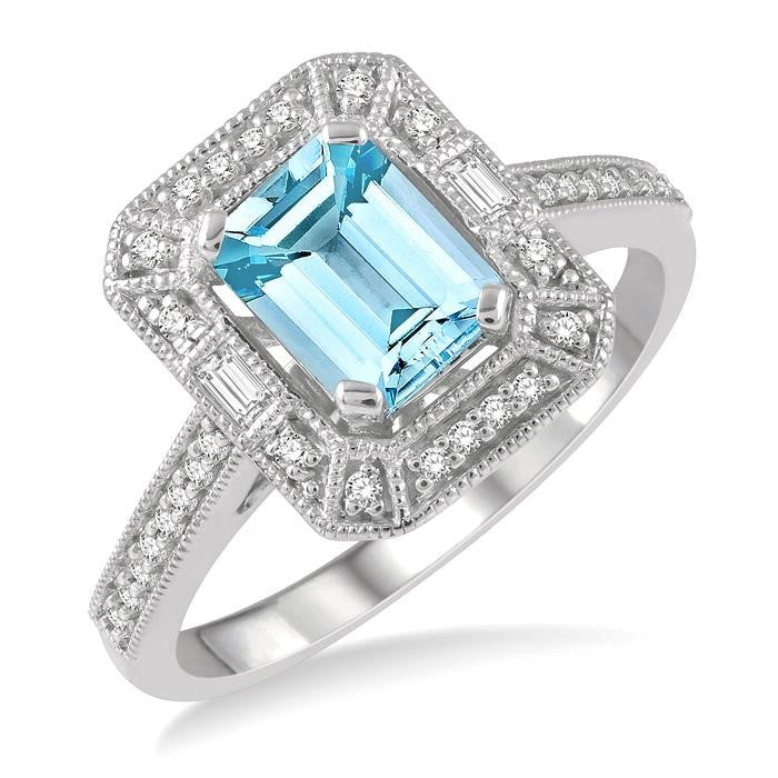 1/5 Ctw Emerald Shape 7x5MM Aquamarine, Baguette and Round Cut Diamond Precious Ring in 14K White Gold