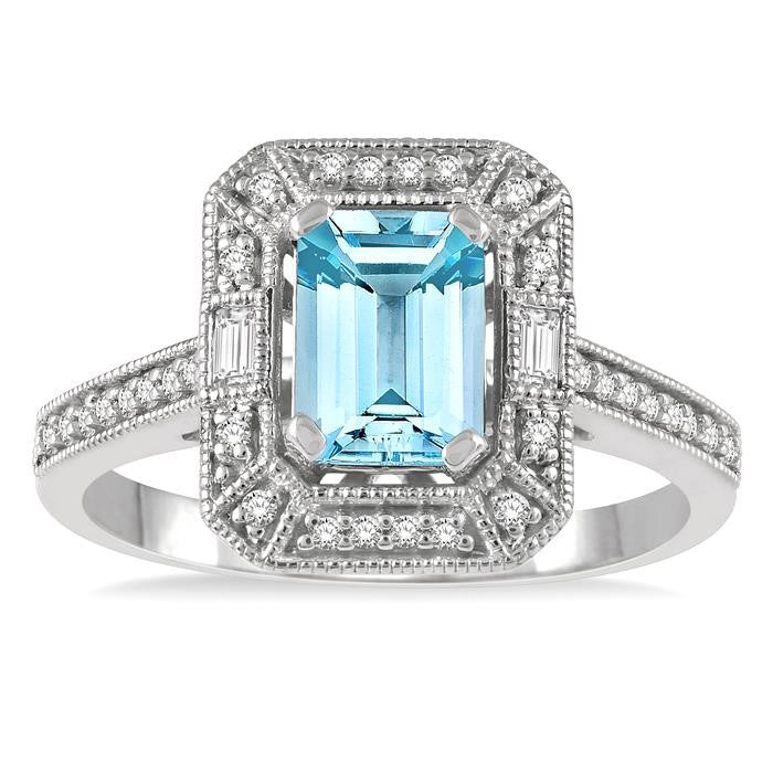 1/5 Ctw Emerald Shape 7x5MM Aquamarine, Baguette and Round Cut Diamond Precious Ring in 14K White Gold
