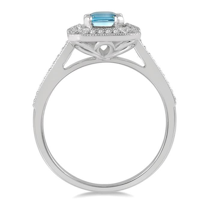 1/5 Ctw Emerald Shape 7x5MM Aquamarine, Baguette and Round Cut Diamond Precious Ring in 14K White Gold