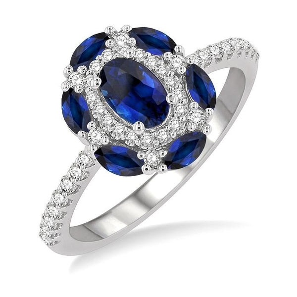 6x4 MM Oval Shape & 4X2 MM Marquise Shape Sapphire and 1/3 Ctw Round Cut Diamond Precious Ring in 14K White Gold