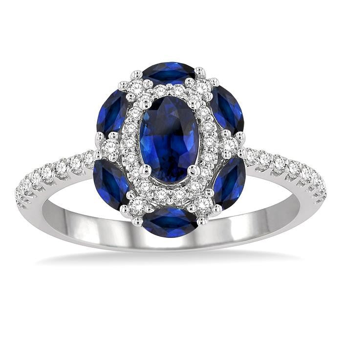 6x4 MM Oval Shape & 4X2 MM Marquise Shape Sapphire and 1/3 Ctw Round Cut Diamond Precious Ring in 14K White Gold