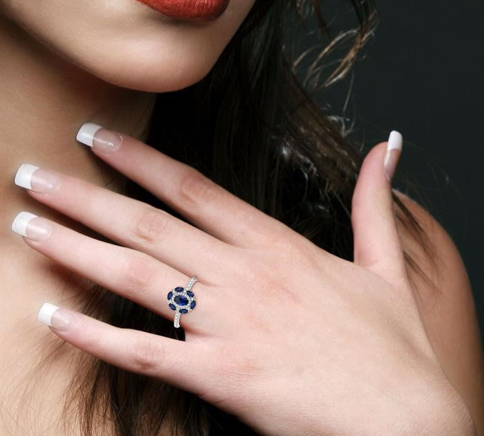 6x4 MM Oval Shape & 4X2 MM Marquise Shape Sapphire and 1/3 Ctw Round Cut Diamond Precious Ring in 14K White Gold