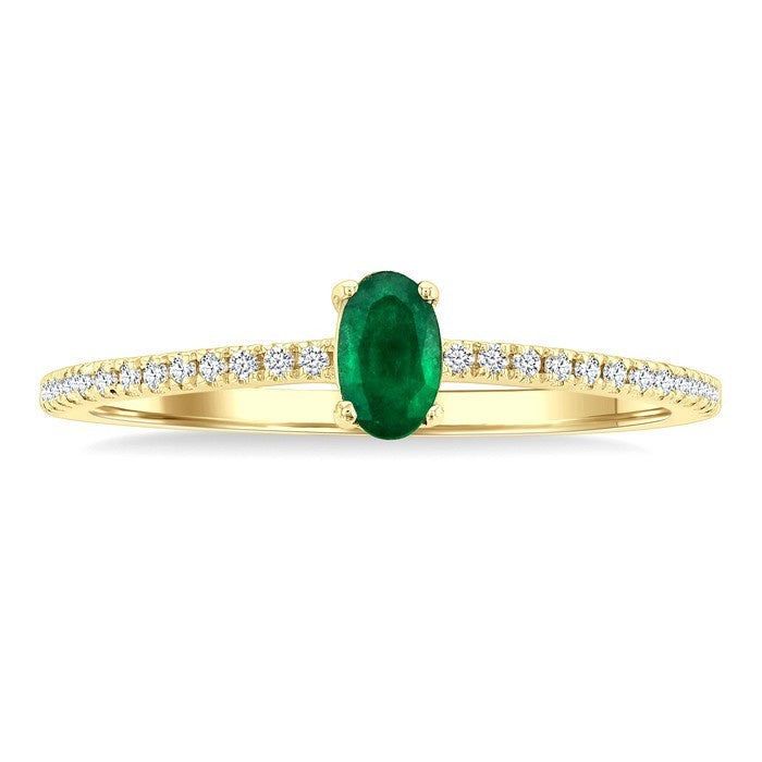 5x3 MM Oval Cut Emerald and 1/10 Ctw Petite Round Cut Diamond Precious Fashion Ring in 10K Yellow Gold