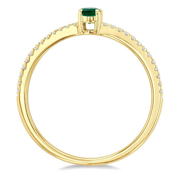 5x3 MM Oval Cut Emerald and 1/10 Ctw Petite Round Cut Diamond Precious Fashion Ring in 10K Yellow Gold