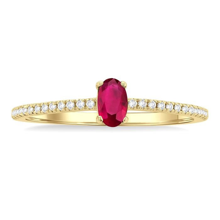 5x3 MM Oval Cut Ruby and 1/10 Ctw Petite Round Cut Diamond Precious Fashion Ring in 10K Yellow Gold
