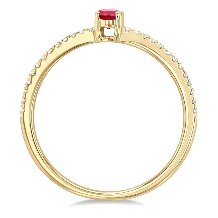 5x3 MM Oval Cut Ruby and 1/10 Ctw Petite Round Cut Diamond Precious Fashion Ring in 10K Yellow Gold