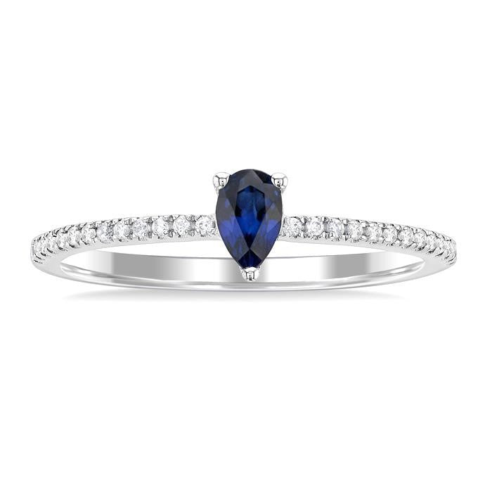 5x3 MM Pear Cut Sapphire and 1/10 Ctw Petite Round Cut Diamond Precious Fashion Ring in 10K White Gold
