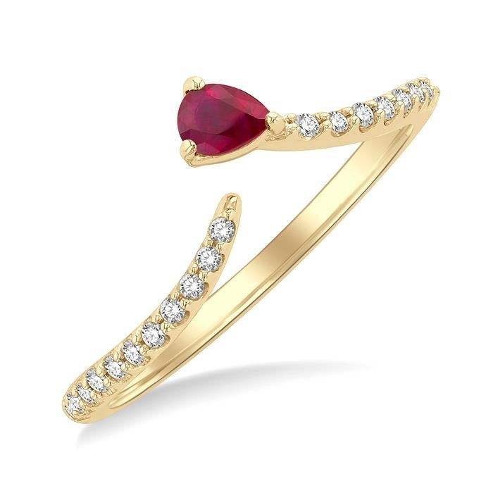 4X3 MM Pear Cut Ruby and 1/10 Ctw Petite Round Cut Diamond Precious Fashion Ring in 10K Yellow Gold