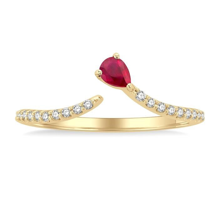 4X3 MM Pear Cut Ruby and 1/10 Ctw Petite Round Cut Diamond Precious Fashion Ring in 10K Yellow Gold