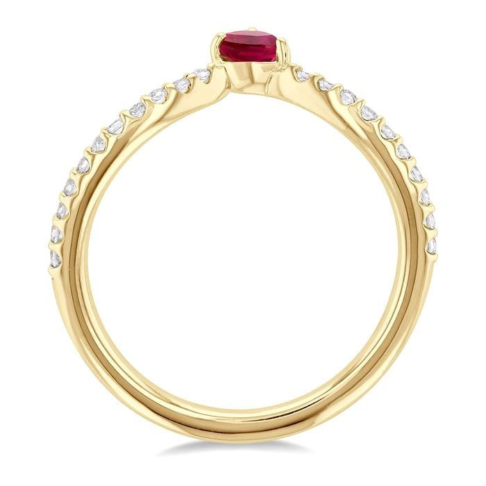 4X3 MM Pear Cut Ruby and 1/10 Ctw Petite Round Cut Diamond Precious Fashion Ring in 10K Yellow Gold
