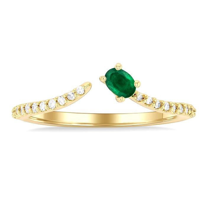 4X3 MM Oval Cut Emerald and 1/10 Ctw Petite Round Cut Diamond Precious Fashion Ring in 10K Yellow Gold