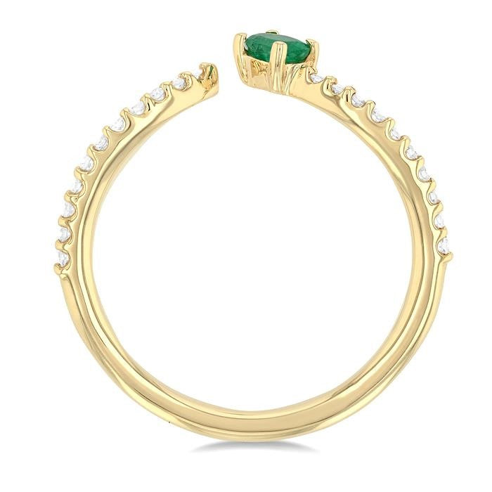 4X3 MM Oval Cut Emerald and 1/10 Ctw Petite Round Cut Diamond Precious Fashion Ring in 10K Yellow Gold