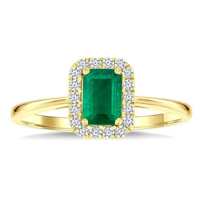 6x4 MM Octagonal Shape Emerald and 1/6 Ctw Round Cut Diamond Halo Precious Ring in 14K Yellow Gold