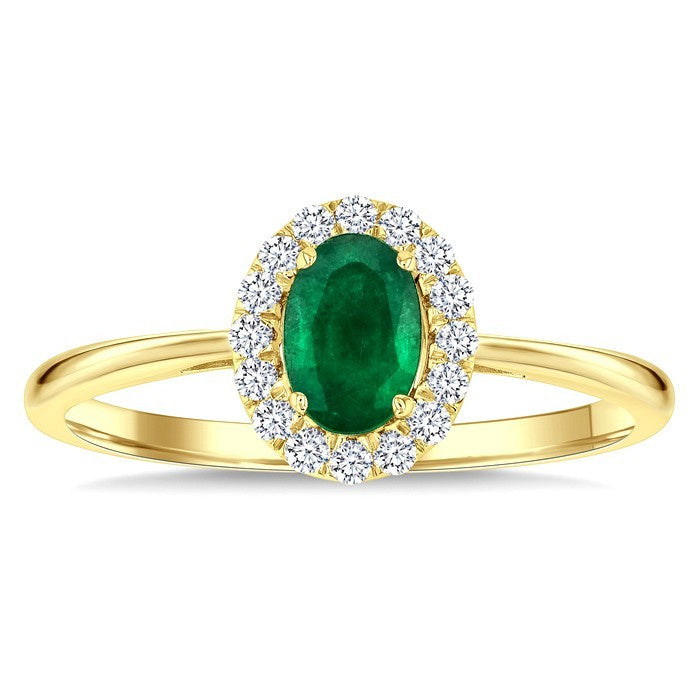 6x4 MM Oval Shape Emerald and 1/6 Ctw Round Cut Diamond Halo Precious Ring in 14K Yellow Gold