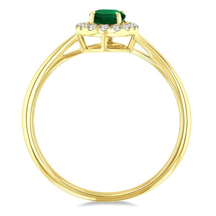6x4 MM Oval Shape Emerald and 1/6 Ctw Round Cut Diamond Halo Precious Ring in 14K Yellow Gold