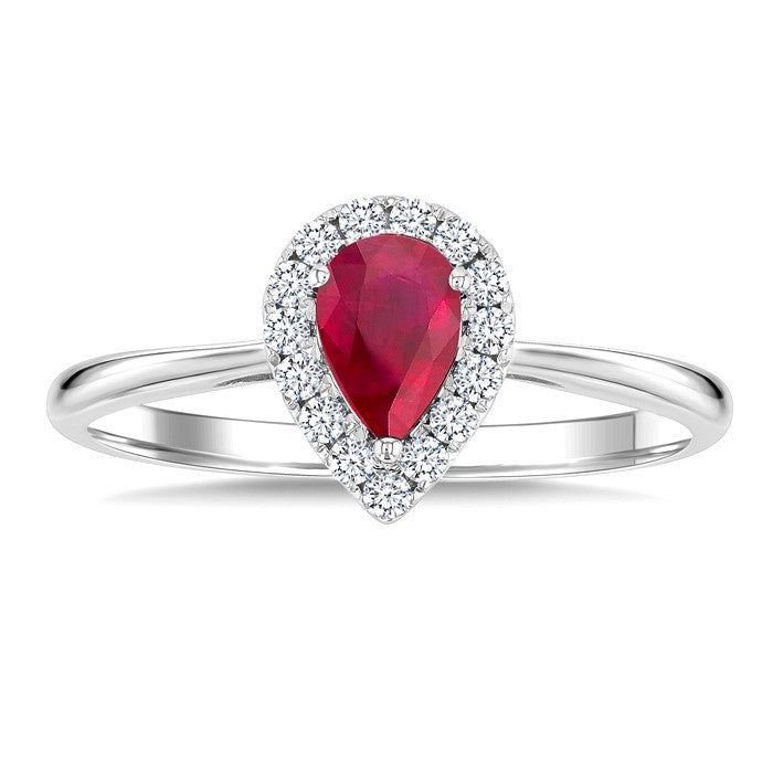 6x4 MM Pear Shape Ruby and 1/6 Ctw Round Cut Diamond Halo Precious Ring in 14K White Gold
