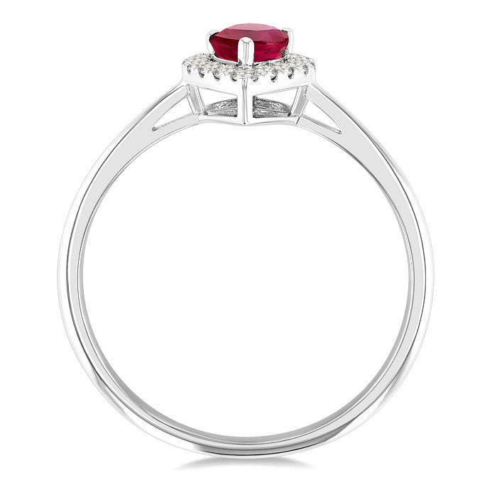 6x4 MM Pear Shape Ruby and 1/6 Ctw Round Cut Diamond Halo Precious Ring in 14K White Gold
