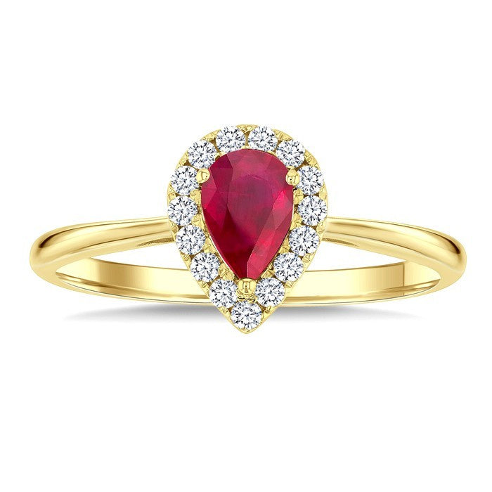 6x4 MM Pear Shape Ruby and 1/6 Ctw Round Cut Diamond Halo Precious Ring in 14K Yellow Gold