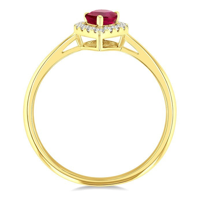 6x4 MM Pear Shape Ruby and 1/6 Ctw Round Cut Diamond Halo Precious Ring in 14K Yellow Gold